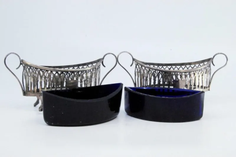 New Pamono Salt and Pepper Shakers in Cut Silver with Blue Glass Souls Interior, Set of 2