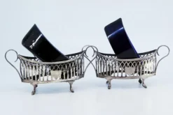 New Pamono Salt and Pepper Shakers in Cut Silver with Blue Glass Souls Interior, Set of 2