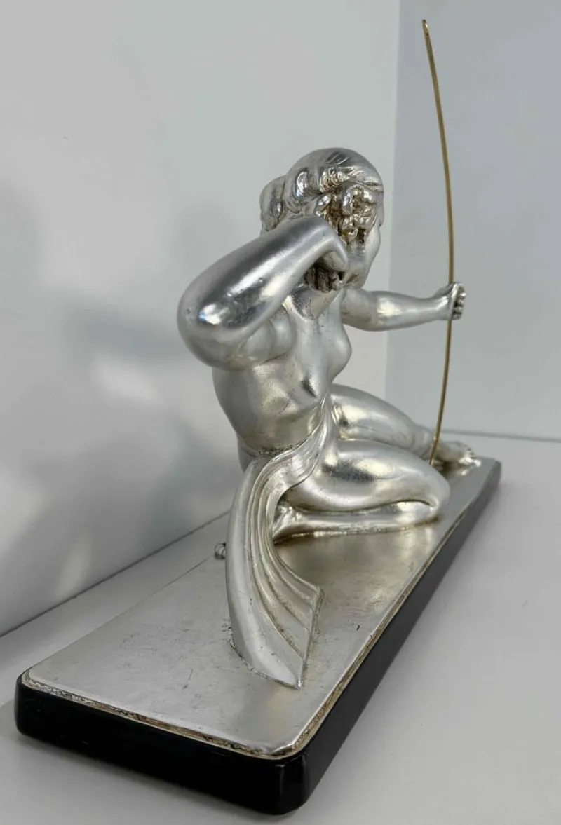 Pamono Salvatore Melani, Art Deco Diana the Huntress Sculpture, Silver Leaf Sculpture, 1930s> Art Deco
