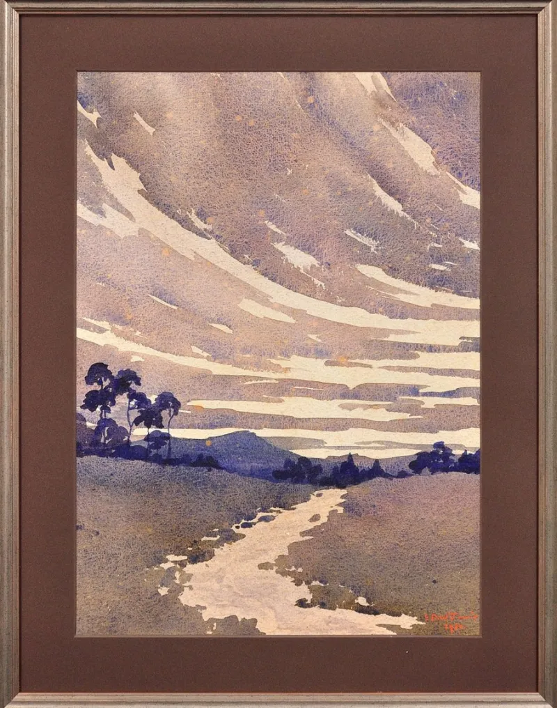 Pamono Samuel Dennis Walley Timmins, Running Stream in the Welsh Marches, 1932, Watercolor> Art Deco