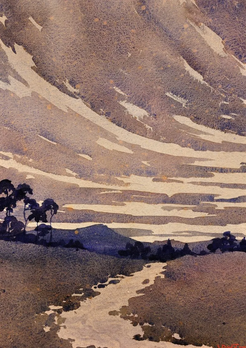 Pamono Samuel Dennis Walley Timmins, Running Stream in the Welsh Marches, 1932, Watercolor> Art Deco