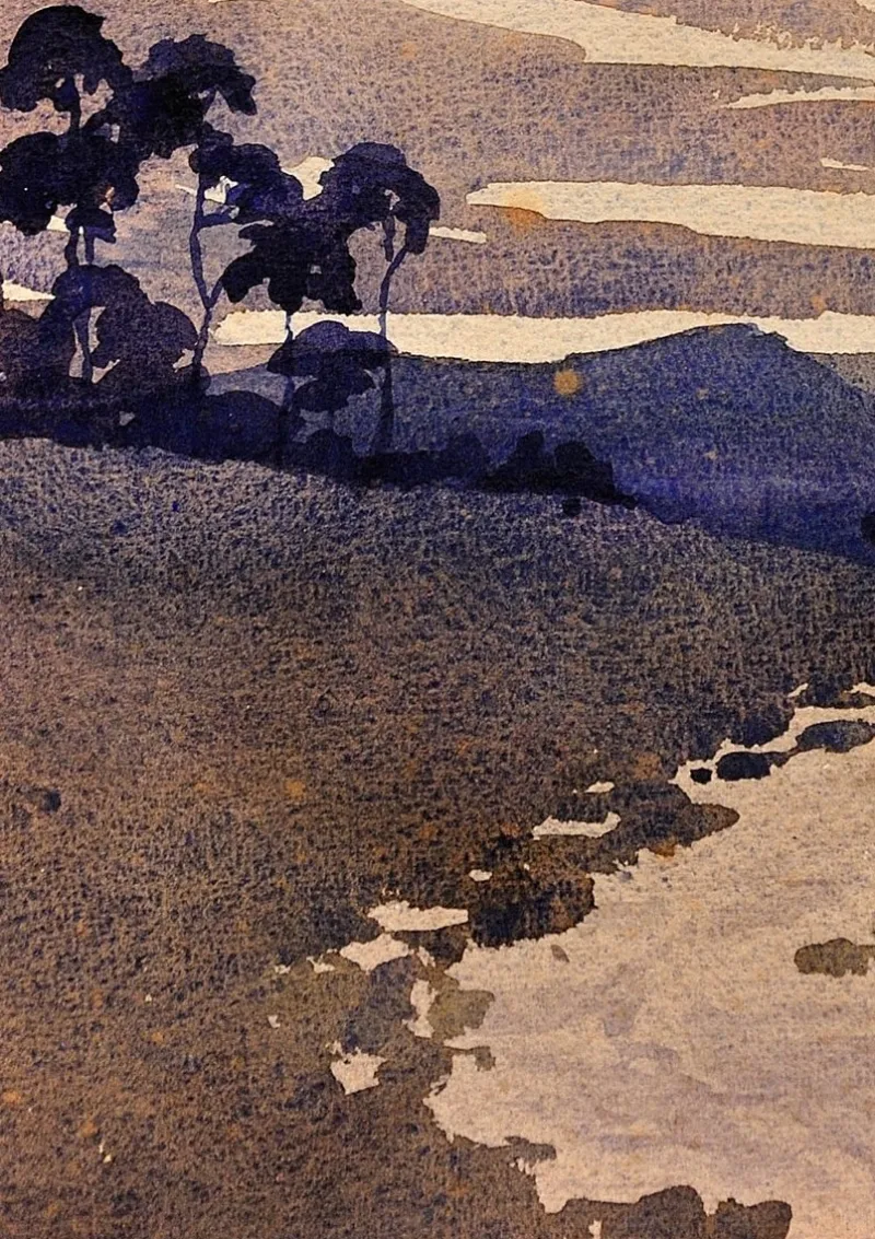 Pamono Samuel Dennis Walley Timmins, Running Stream in the Welsh Marches, 1932, Watercolor> Art Deco