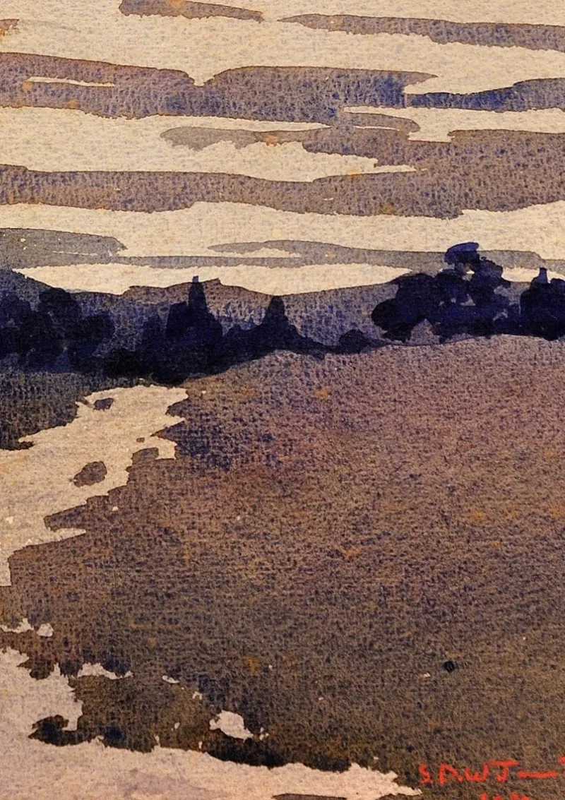 Pamono Samuel Dennis Walley Timmins, Running Stream in the Welsh Marches, 1932, Watercolor> Art Deco