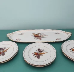 Hot Pamono Sandwich Plate Porcelain Set with Pheasants Motifs by Zsolnay Hungary, 1970s, Set of 7