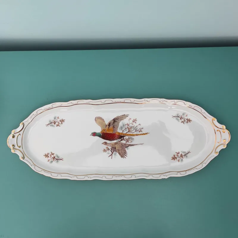 Hot Pamono Sandwich Plate Porcelain Set with Pheasants Motifs by Zsolnay Hungary, 1970s, Set of 7