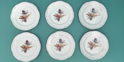 Hot Pamono Sandwich Plate Porcelain Set with Pheasants Motifs by Zsolnay Hungary, 1970s, Set of 7