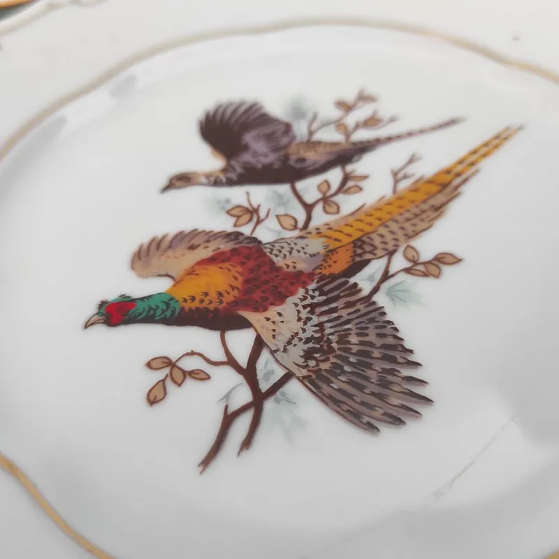 Hot Pamono Sandwich Plate Porcelain Set with Pheasants Motifs by Zsolnay Hungary, 1970s, Set of 7