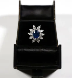 Pamono Saphire and Diamonds 18k White Gold Cocktail Halo Cluster Ring, 1970s><noscript><img width=