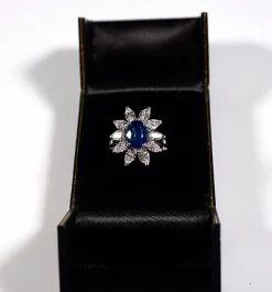 Pamono Saphire and Diamonds 18k White Gold Cocktail Halo Cluster Ring, 1970s><noscript><img width=