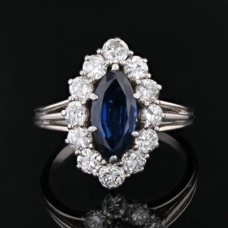 Pamono Sapphire and Diamonds Ring in 18 Karat White Gold, 1970s> Rings