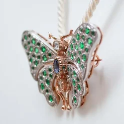 Pamono Sapphire, Diamonds, Hydrothermal Spinel, Rose Gold and Silver Butterfly Brooch><noscript><img width=