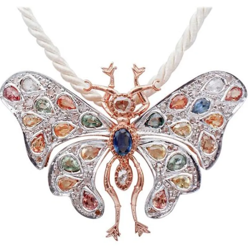 Pamono Sapphires, Diamonds, Rose Gold and Silver Brooch or Pendant Necklace> Brooches