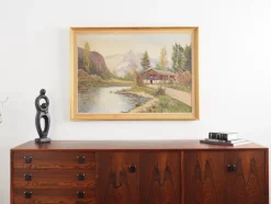 Pamono Scandinavian Artist, The Chalet at the Mountain Stream, 1970s, Oil on Canvas> Impressionist