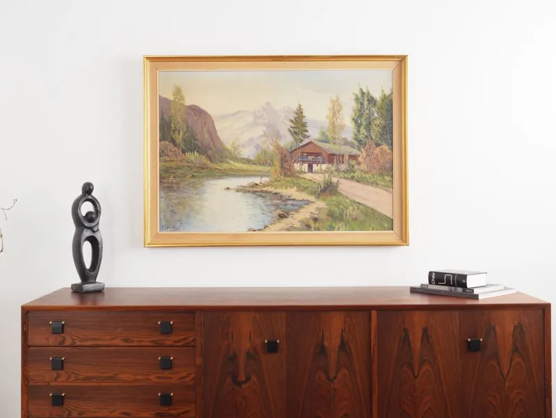 Pamono Scandinavian Artist, The Chalet at the Mountain Stream, 1970s, Oil on Canvas> Impressionist