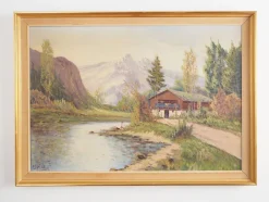 Pamono Scandinavian Artist, The Chalet at the Mountain Stream, 1970s, Oil on Canvas><noscript><img width=