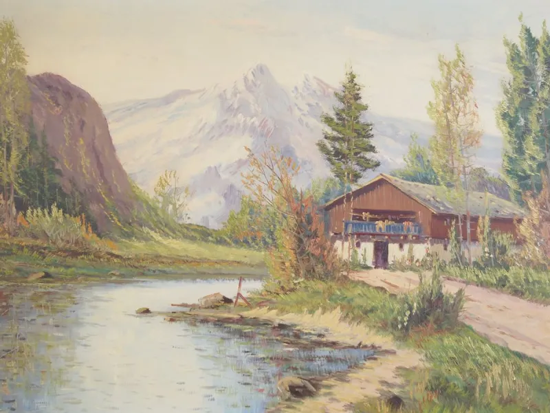 Pamono Scandinavian Artist, The Chalet at the Mountain Stream, 1970s, Oil on Canvas> Impressionist