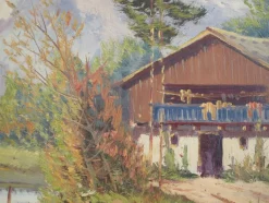 Pamono Scandinavian Artist, The Chalet at the Mountain Stream, 1970s, Oil on Canvas><noscript><img width=