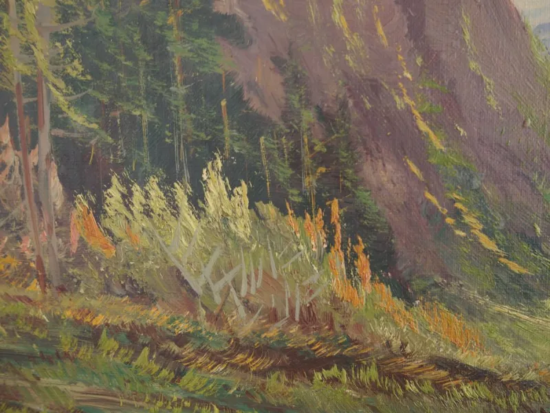 Pamono Scandinavian Artist, The Chalet at the Mountain Stream, 1970s, Oil on Canvas> Impressionist