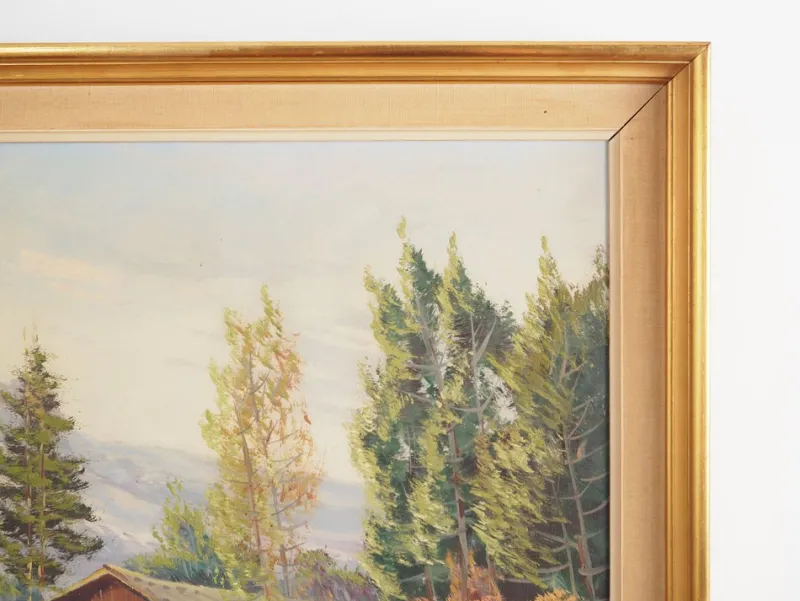 Pamono Scandinavian Artist, The Chalet at the Mountain Stream, 1970s, Oil on Canvas> Impressionist