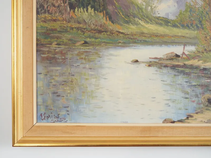 Pamono Scandinavian Artist, The Chalet at the Mountain Stream, 1970s, Oil on Canvas> Impressionist