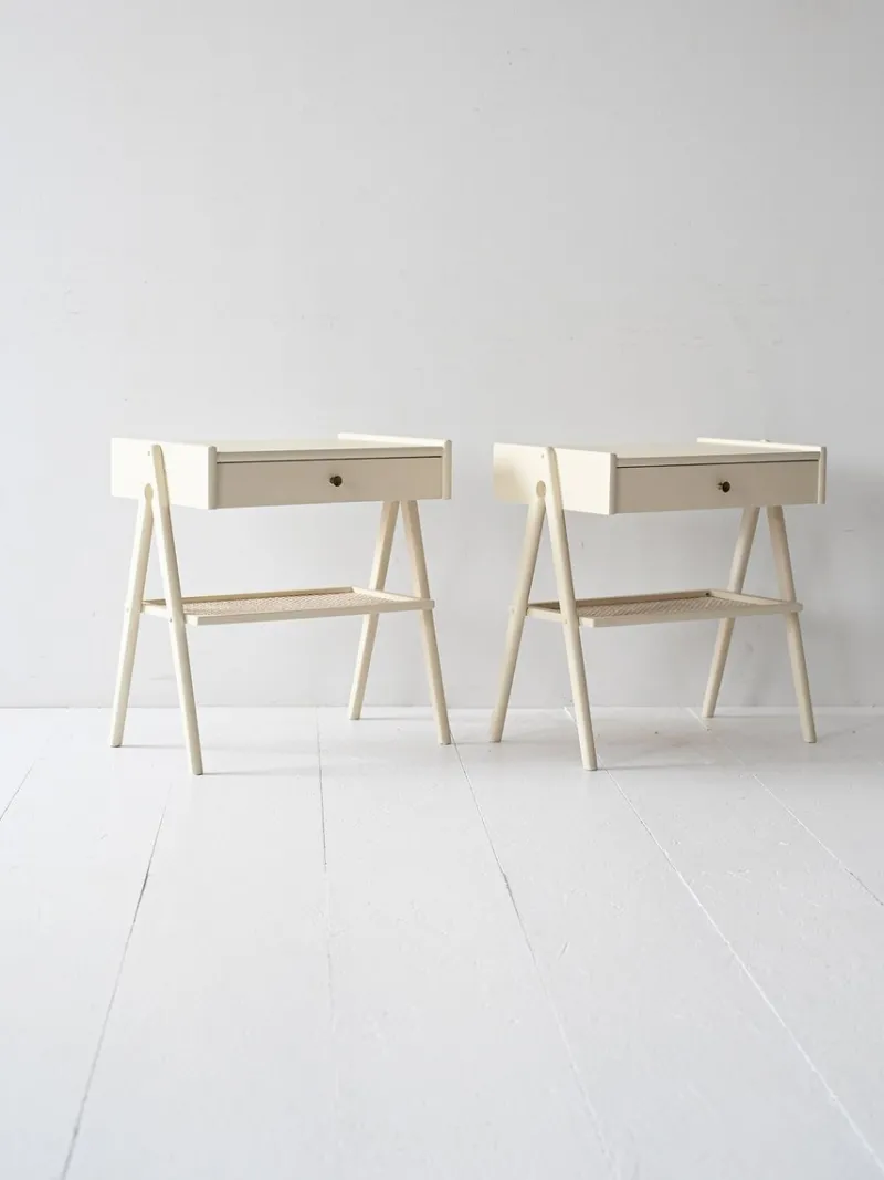 Pamono Scandinavian Bedside Tables with Vienna Straw Shelf, 1960s, Set of 2> Nightstands