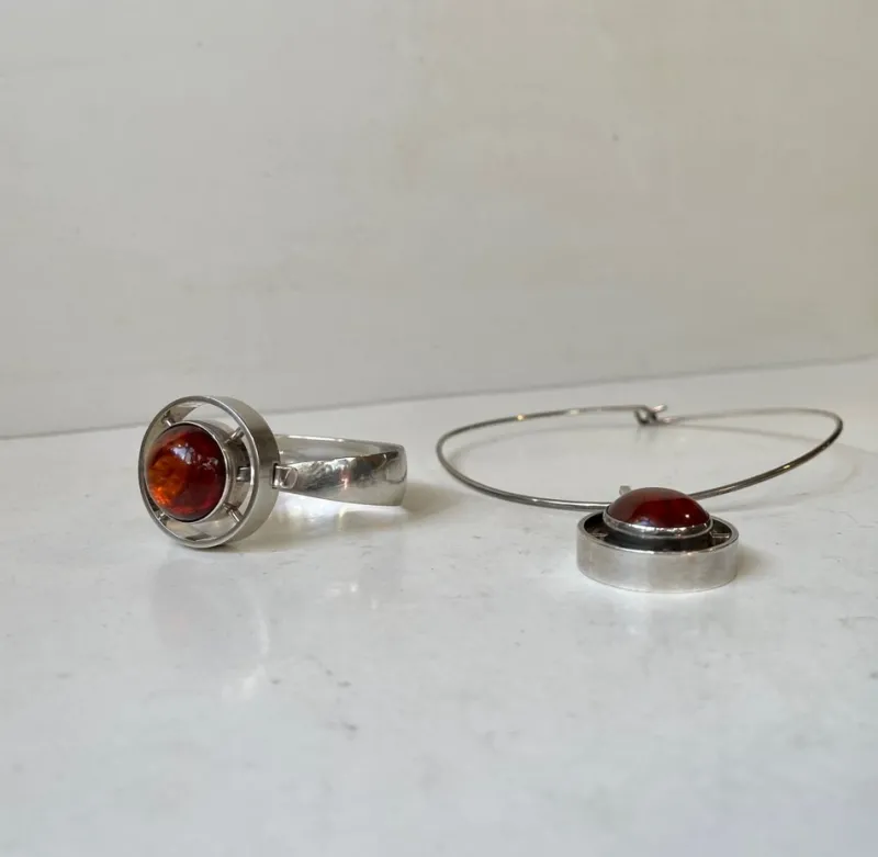 Pamono Scandinavian Modern Silver and Amber Necklace and Armring by Niels Erik, 1960s, Set of 2