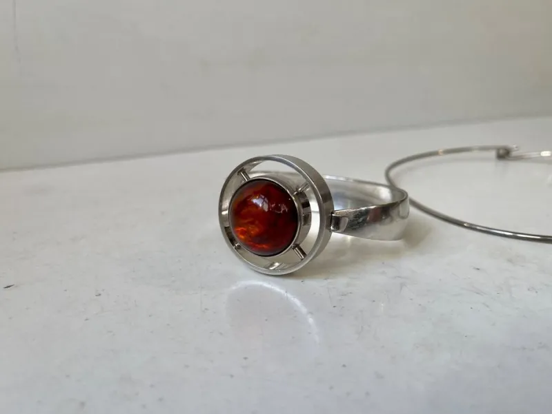 Pamono Scandinavian Modern Silver and Amber Necklace and Armring by Niels Erik, 1960s, Set of 2