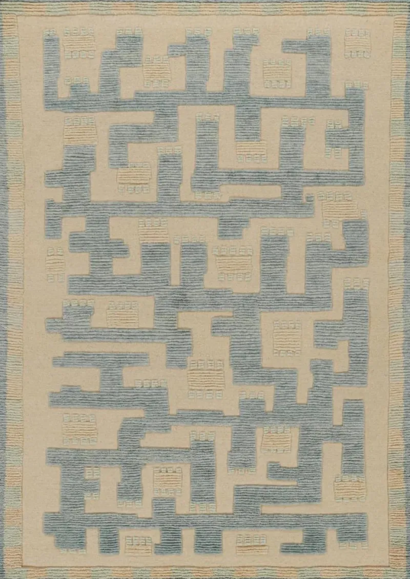 Pamono Scandinavian Style Rug in Blue and Beige Geometric Patterns from R&K Principal Jahanshah Nazmiyal