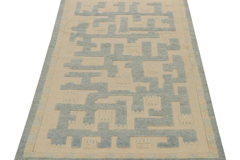 Pamono Scandinavian Style Rug in Blue and Beige Geometric Patterns from R&K Principal Jahanshah Nazmiyal