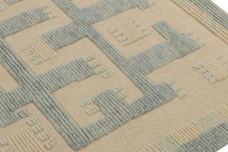 Pamono Scandinavian Style Rug in Blue and Beige Geometric Patterns from R&K Principal Jahanshah Nazmiyal