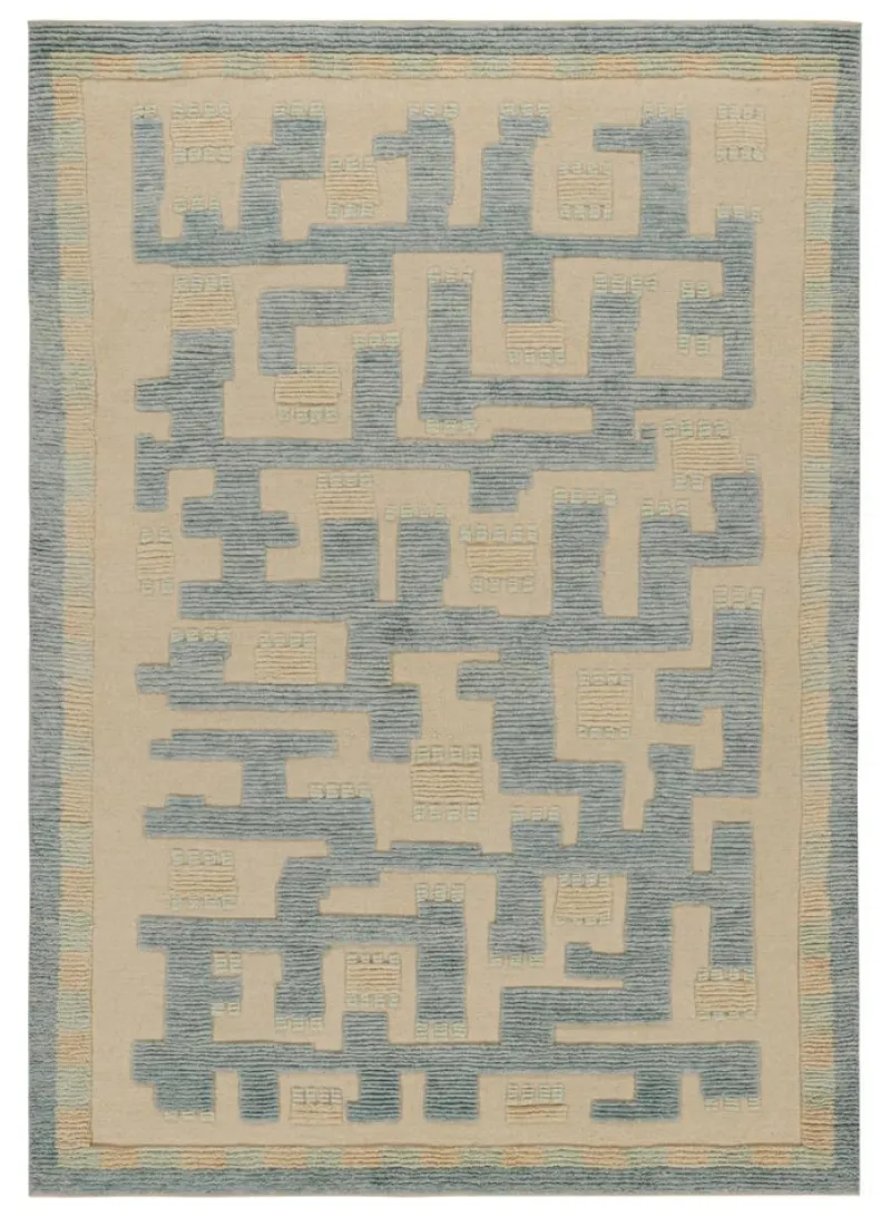 Pamono Scandinavian Style Rug in Blue and Beige Geometric Patterns from R&K Principal Jahanshah Nazmiyal
