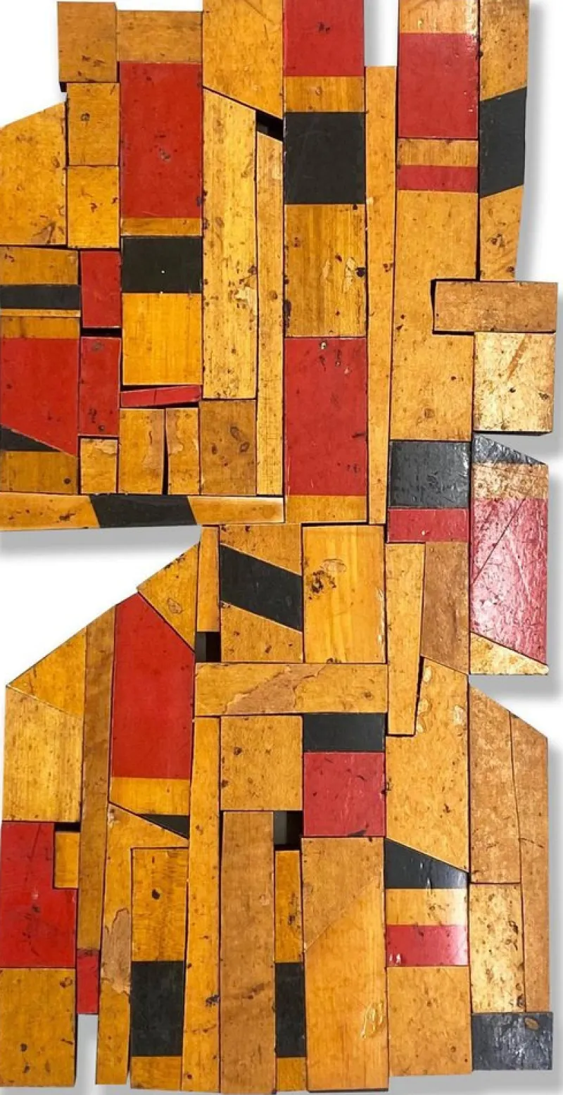 Pamono Scott Troxel, Red Raider, 2024, Acrylic & Oil on Repurposed Flooring> Sculpture