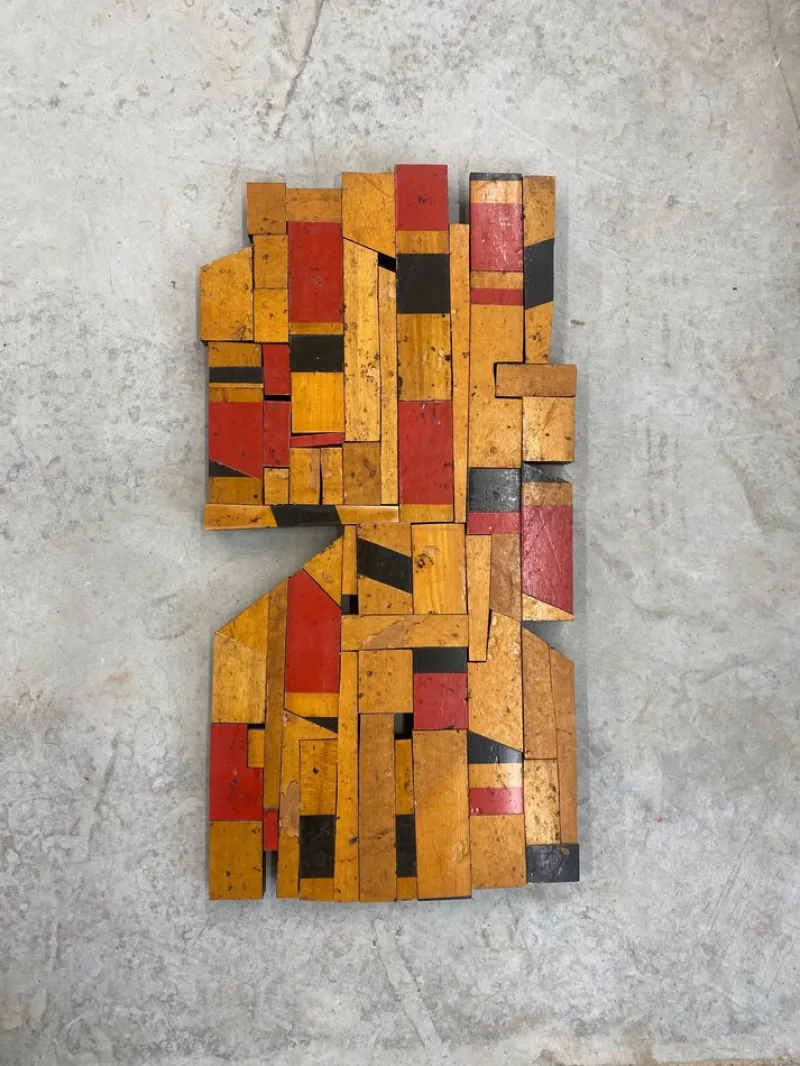 Pamono Scott Troxel, Red Raider, 2024, Acrylic & Oil on Repurposed Flooring> Sculpture