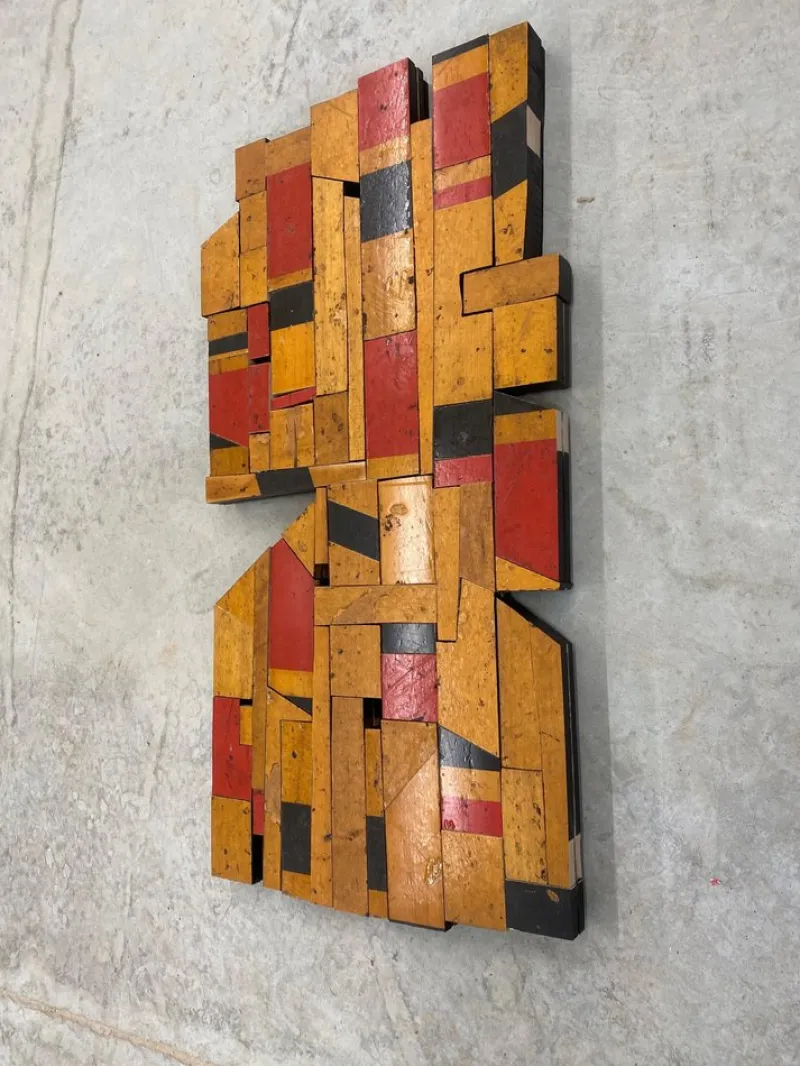 Pamono Scott Troxel, Red Raider, 2024, Acrylic & Oil on Repurposed Flooring> Sculpture