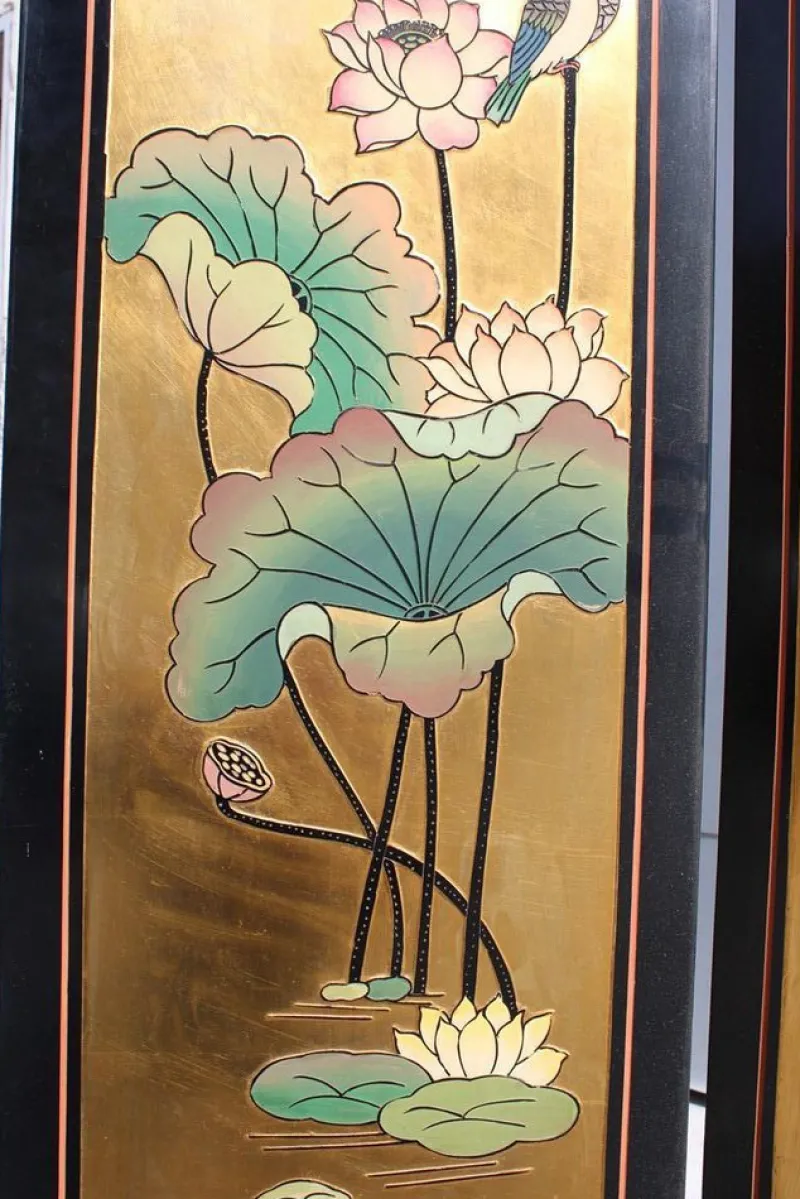 Pamono Screen in Chinese Lacquer with Enamel and Lotus Flower Decorations, 1950s> Room Dividers & Screens