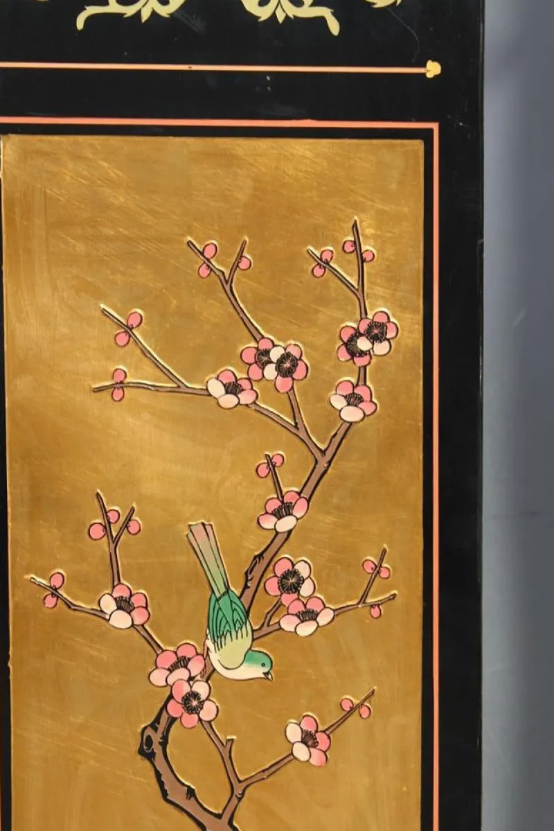 Pamono Screen in Chinese Lacquer with Enamel and Lotus Flower Decorations, 1950s> Room Dividers & Screens