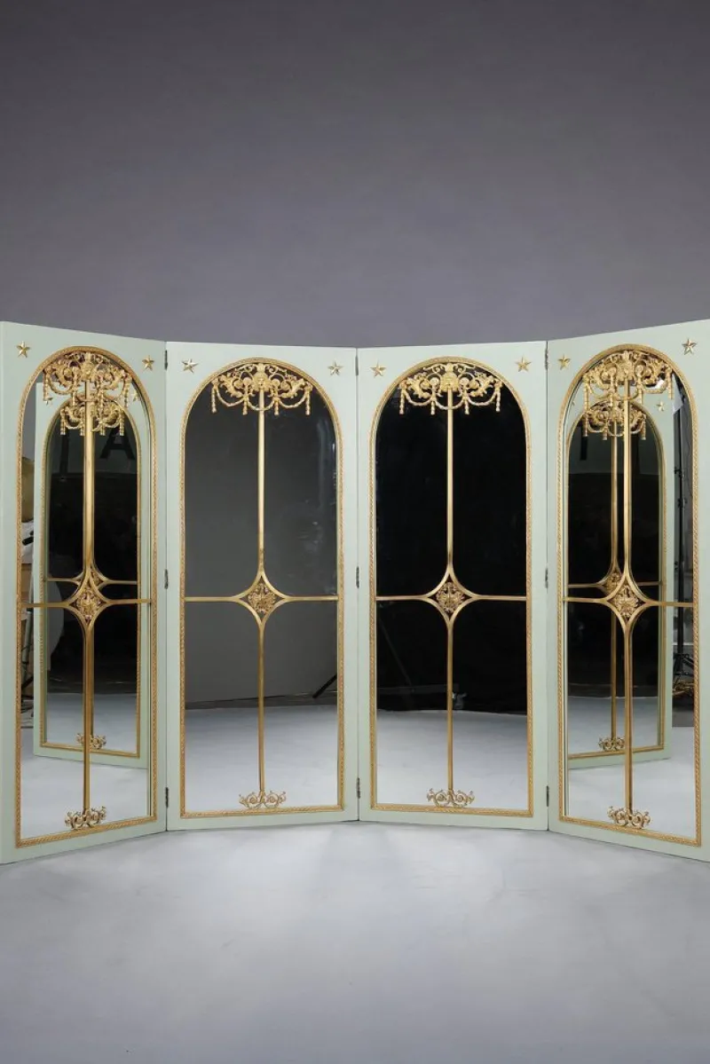 Pamono Screen Room Divider with Mirrors on Each Panel in Lacquered Wood and Gilt Bronze, 1880> Room Dividers & Screens
