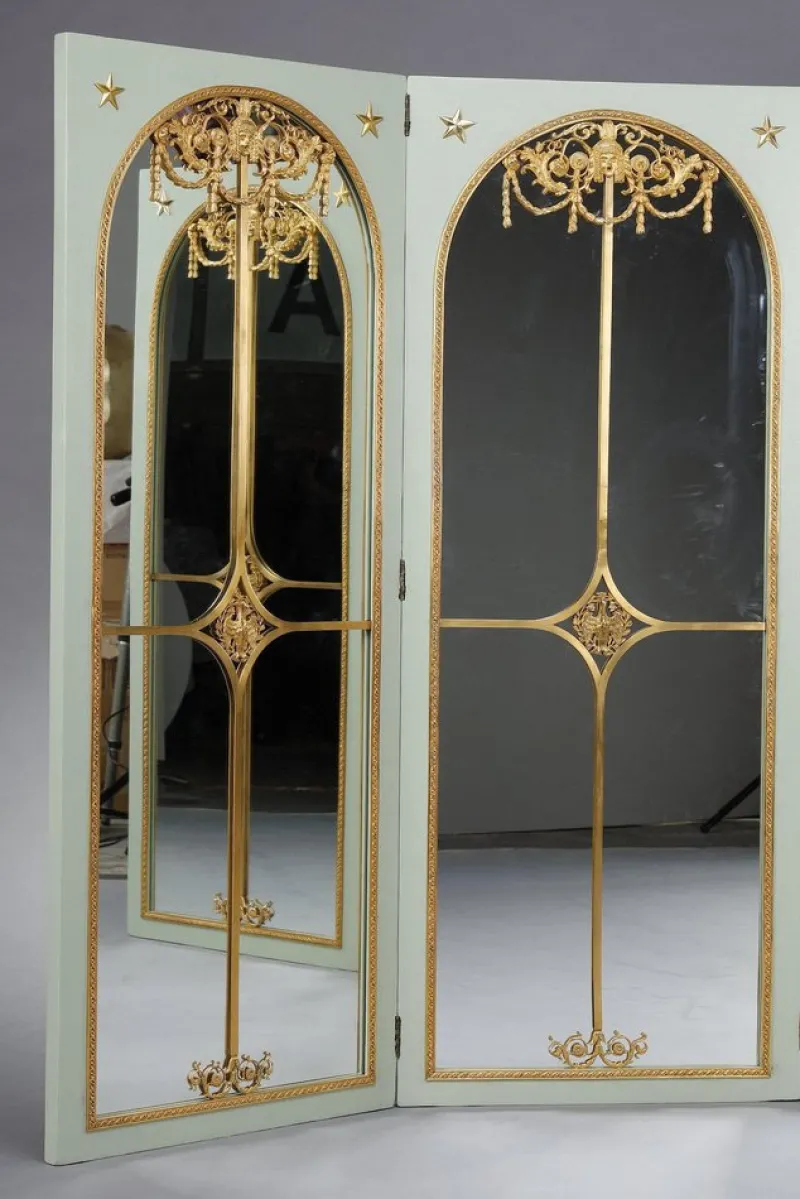 Pamono Screen Room Divider with Mirrors on Each Panel in Lacquered Wood and Gilt Bronze, 1880> Room Dividers & Screens