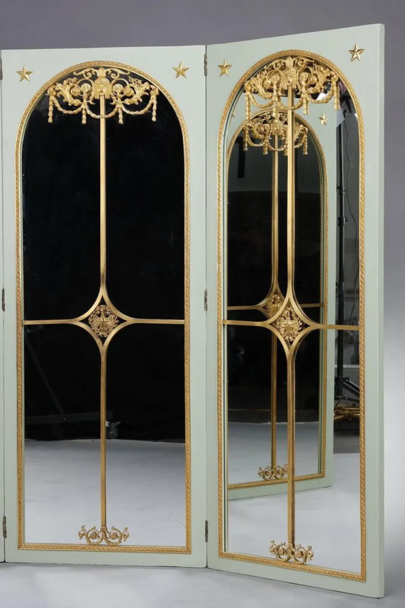 Pamono Screen Room Divider with Mirrors on Each Panel in Lacquered Wood and Gilt Bronze, 1880> Room Dividers & Screens