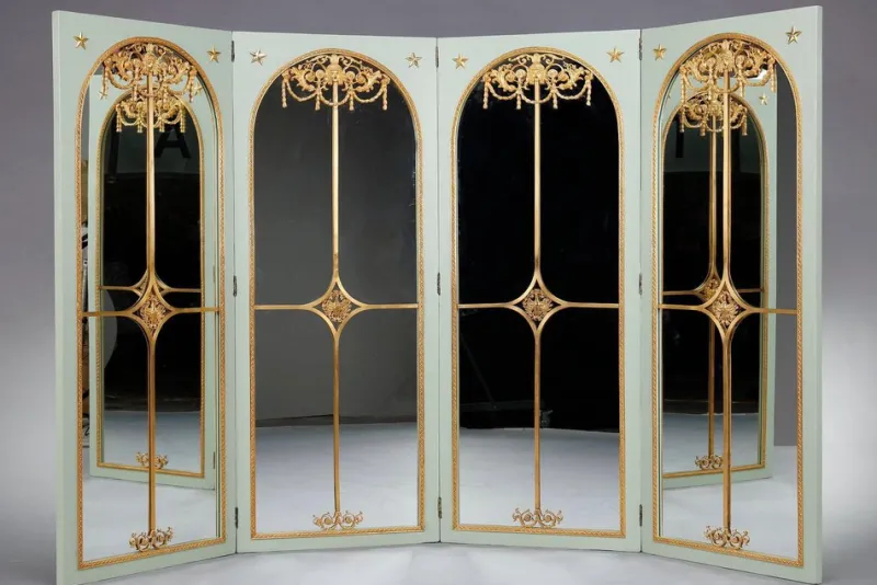 Pamono Screen Room Divider with Mirrors on Each Panel in Lacquered Wood and Gilt Bronze, 1880> Room Dividers & Screens