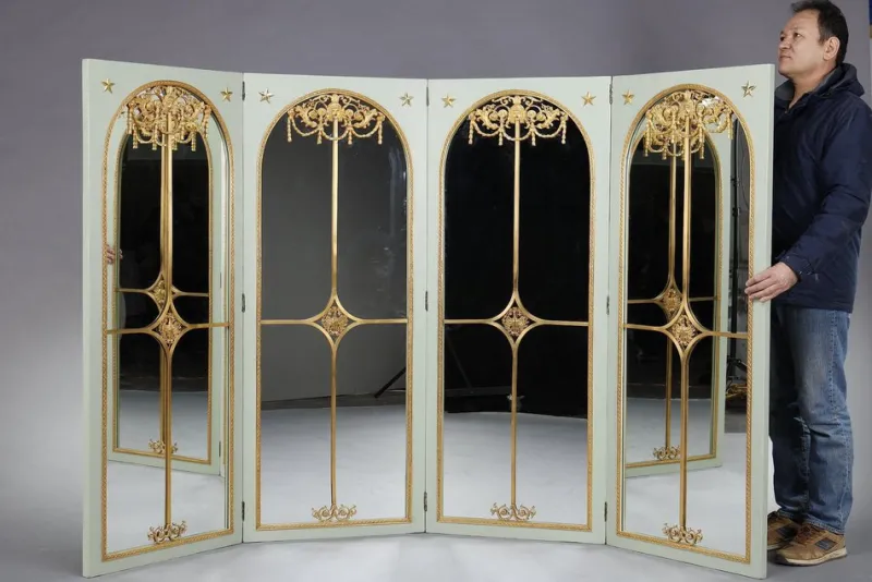 Pamono Screen Room Divider with Mirrors on Each Panel in Lacquered Wood and Gilt Bronze, 1880> Room Dividers & Screens