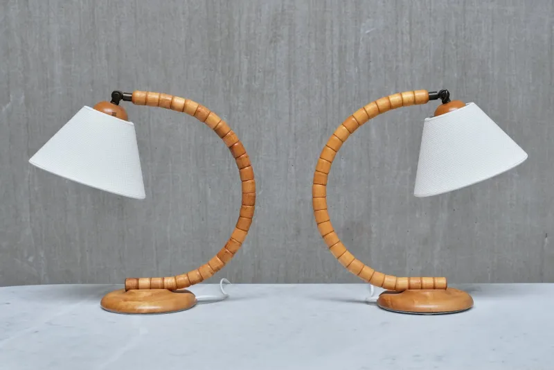 Pamono Sculptural Adjustable Table Lamps in Beech from Markslöjd, Sweden, 1960s, Set of 2