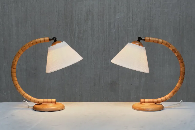 Pamono Sculptural Adjustable Table Lamps in Beech from Markslöjd, Sweden, 1960s, Set of 2