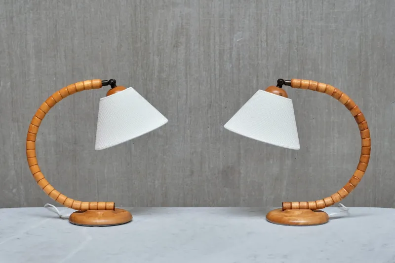 Pamono Sculptural Adjustable Table Lamps in Beech from Markslöjd, Sweden, 1960s, Set of 2