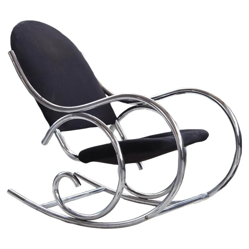 Pamono Sculptural Chrome and Black Velour Rocking Chair in the style of Milo Baughman, 1970s> Rocking Chairs