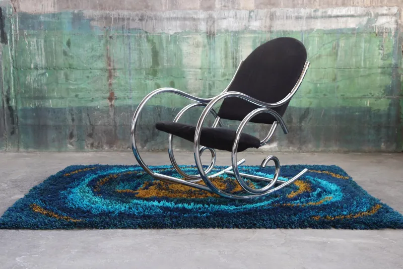 Pamono Sculptural Chrome and Black Velour Rocking Chair in the style of Milo Baughman, 1970s> Rocking Chairs