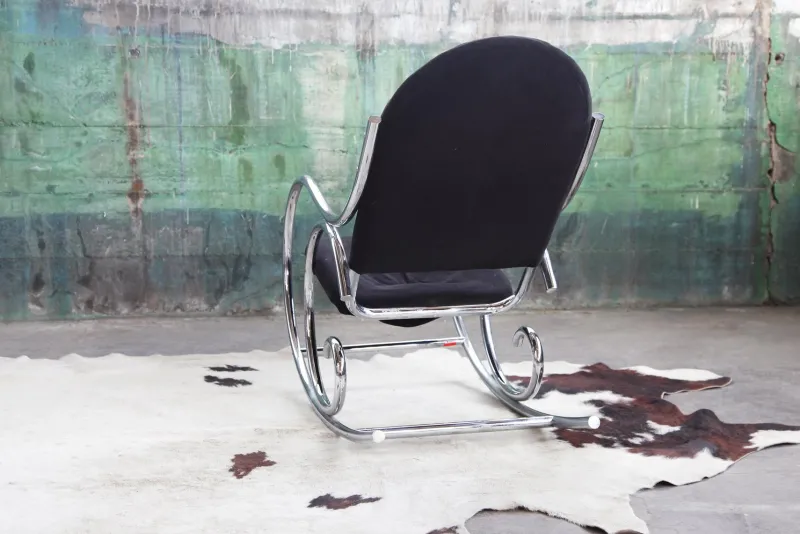 Pamono Sculptural Chrome and Black Velour Rocking Chair in the style of Milo Baughman, 1970s> Rocking Chairs