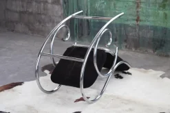 Pamono Sculptural Chrome and Black Velour Rocking Chair in the style of Milo Baughman, 1970s><noscript><img width=