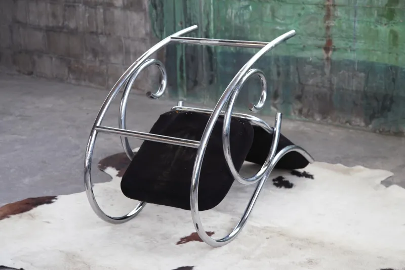 Pamono Sculptural Chrome and Black Velour Rocking Chair in the style of Milo Baughman, 1970s> Rocking Chairs