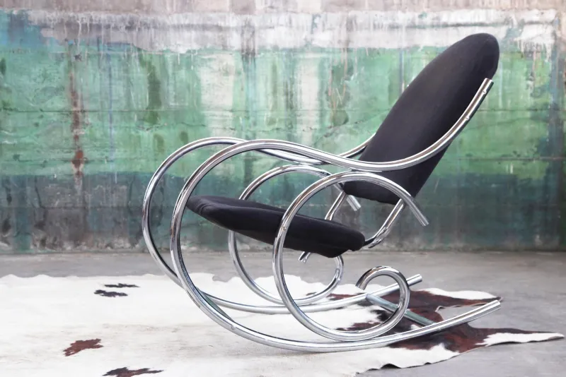 Pamono Sculptural Chrome and Black Velour Rocking Chair in the style of Milo Baughman, 1970s> Rocking Chairs
